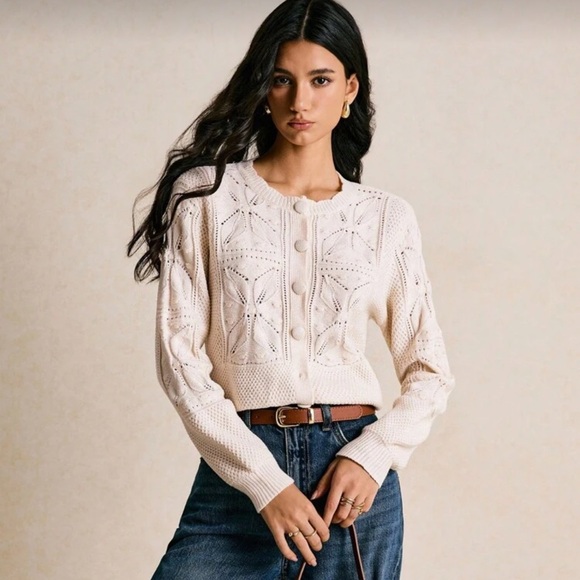 Scalloped collar button up knit cardigan sweater crochet boho cream cottagecore - Picture 2 of 8